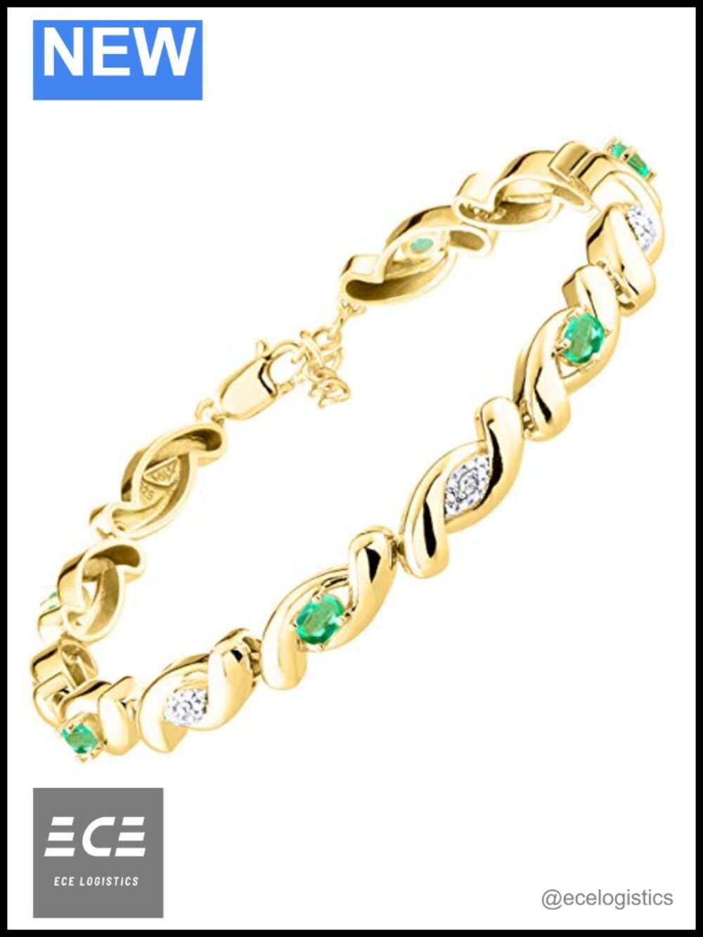 925 Yellow Gold Plated Silver Infinity Twist Tennis Bracelet with Emerald and